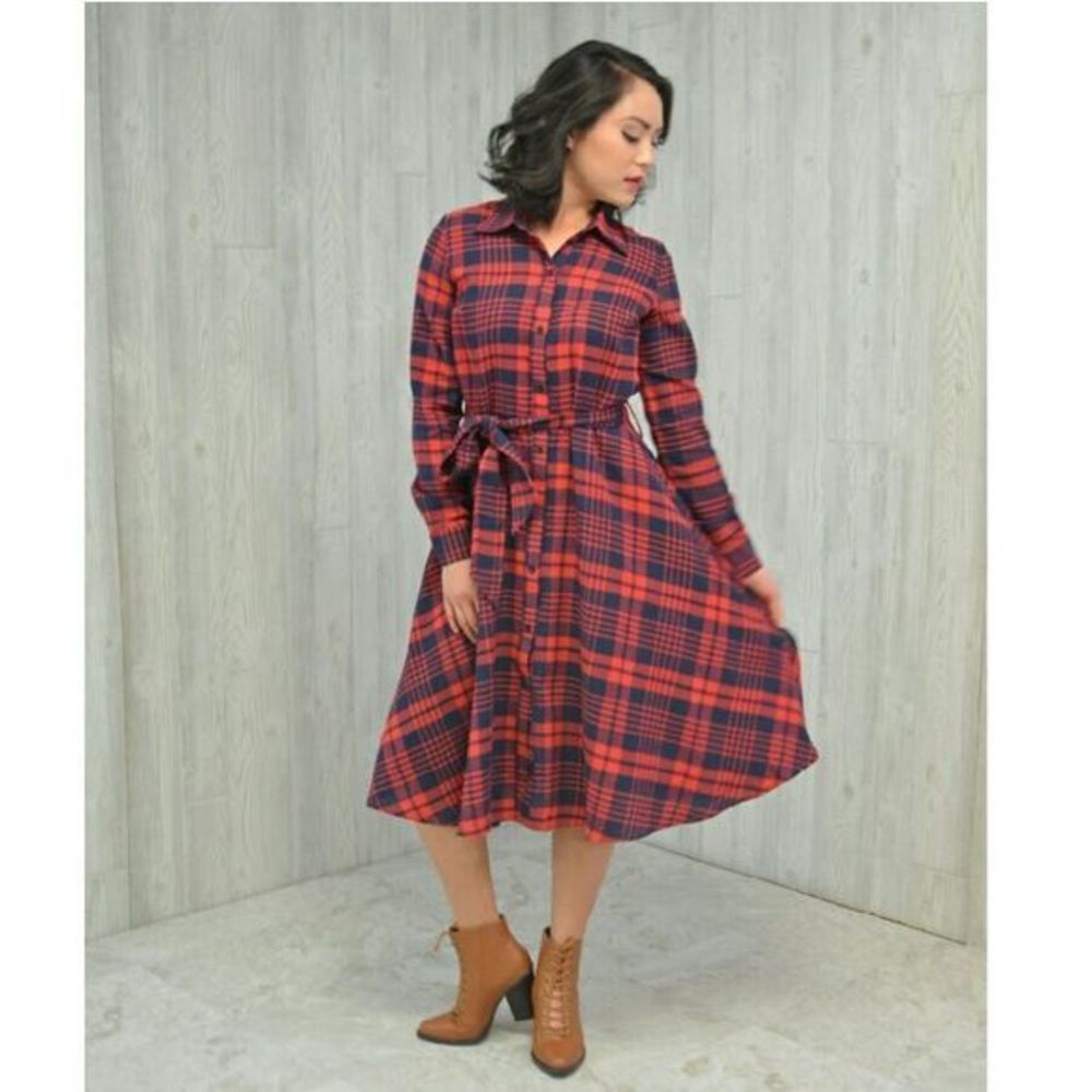 Button Down Plaid Midi Dress